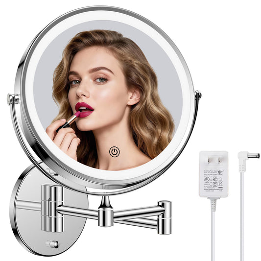 FASCINATE 8-inch rechargeable wall-mount mirror with LED lights for precise makeup.