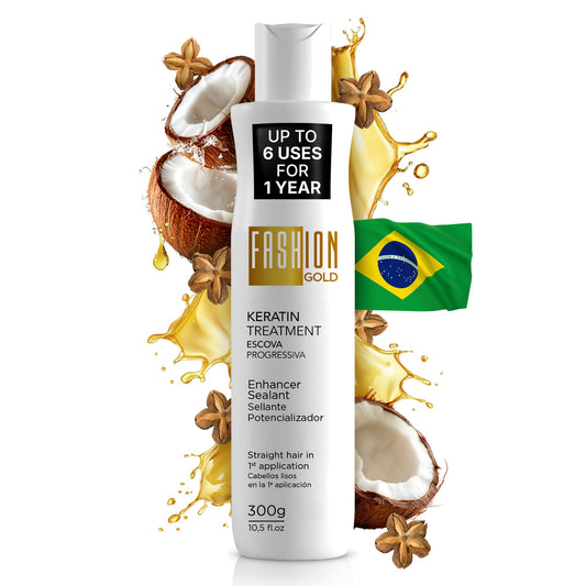 Fashion Gold keratin bottle for at-home treatment delivering salon-like results.