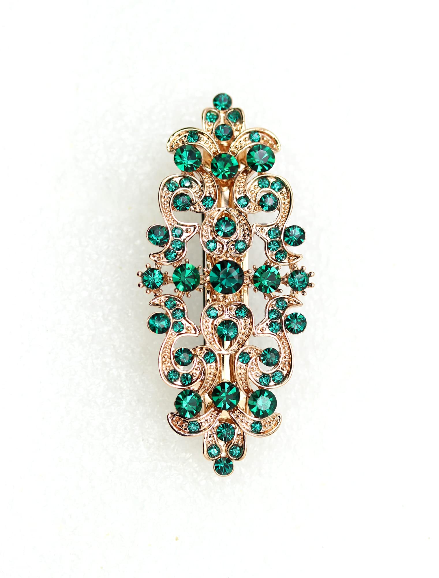 Faship Gorgeous Green Rhinestone Barrette side view showing emerald crystals