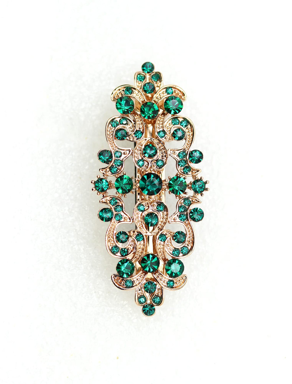 Faship Gorgeous Green Rhinestone Barrette side view showing emerald crystals
