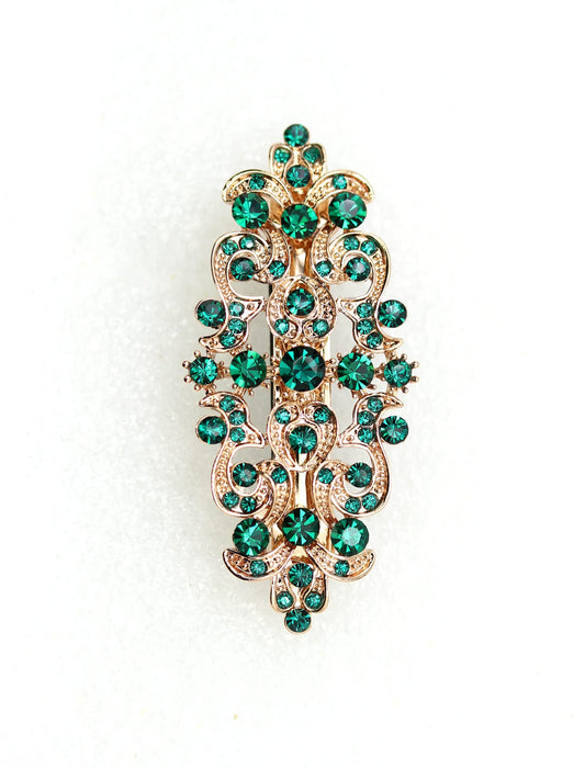 Faship Gorgeous Green Rhinestone Barrette side view showing emerald crystals