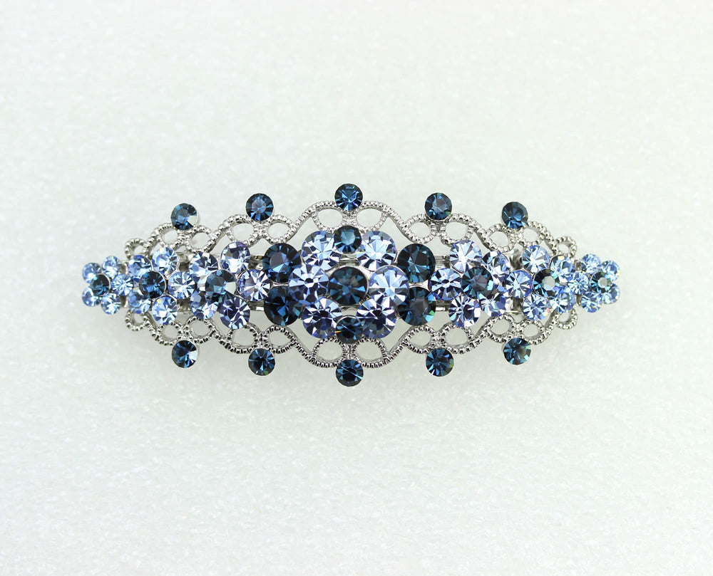Faship Navy blue rhinestone floral barrette close-up with crystal accents for proms.