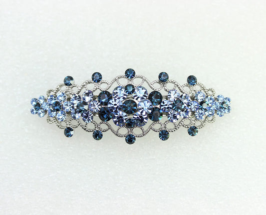 Faship Navy blue rhinestone floral barrette close-up with crystal accents for proms.