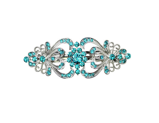 Faship teal rhinestone floral barrette sparkles in bridal hair