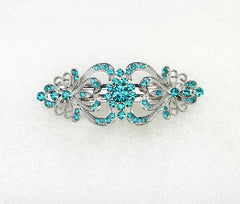 Faship teal rhinestone floral barrette enhances bridesmaid updo