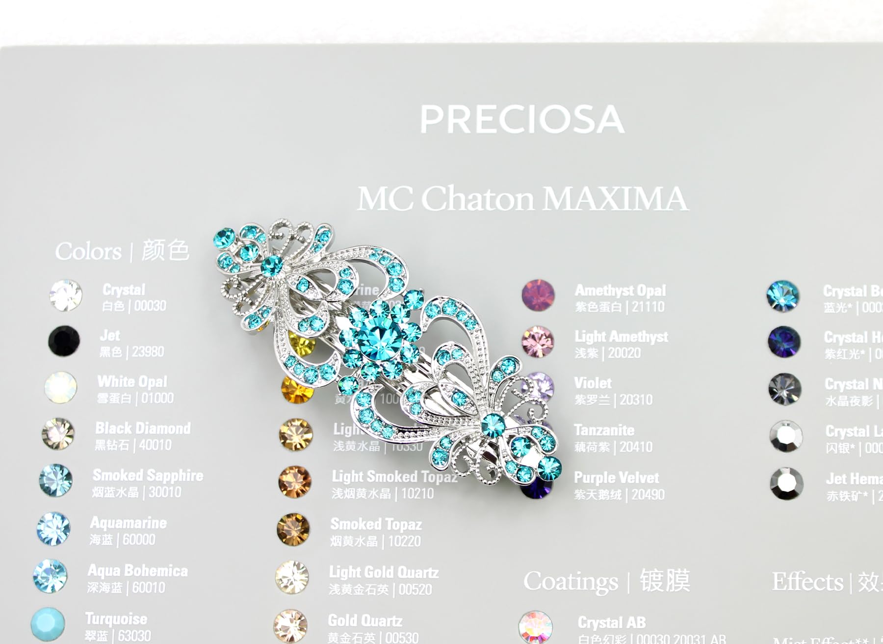 Faship teal rhinestone floral barrette with silver-tone zinc alloy