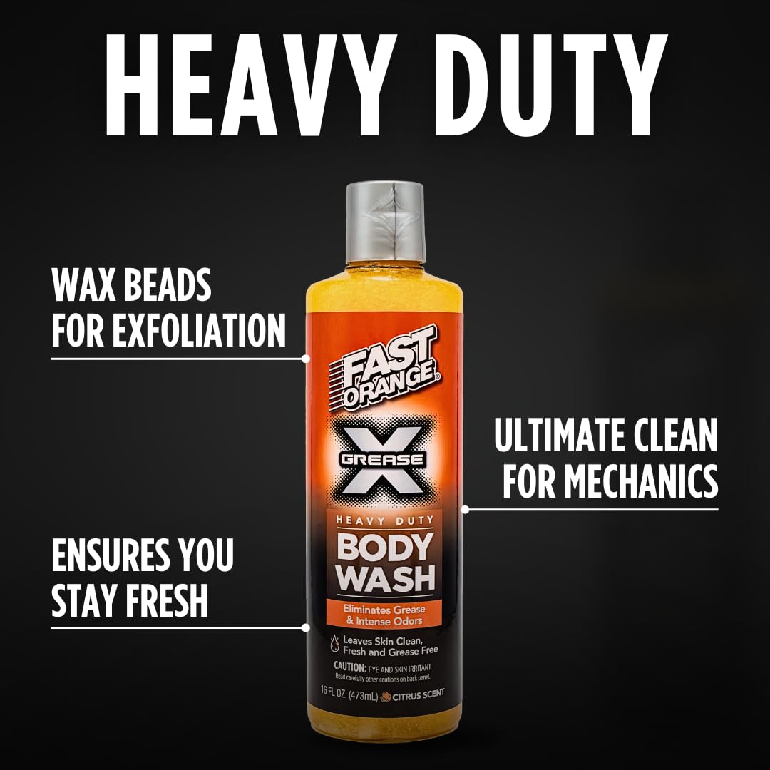 Fast Orange Grease X Body Wash bottle on a counter ready for use