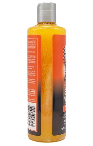 Fast Orange Grease X Body Wash pump-dispense showing exfoliating beads for skin scrubbing