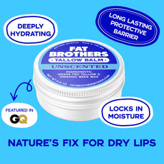 Fat Brothers unscented balm close-up highlighting beef tallow and beeswax.