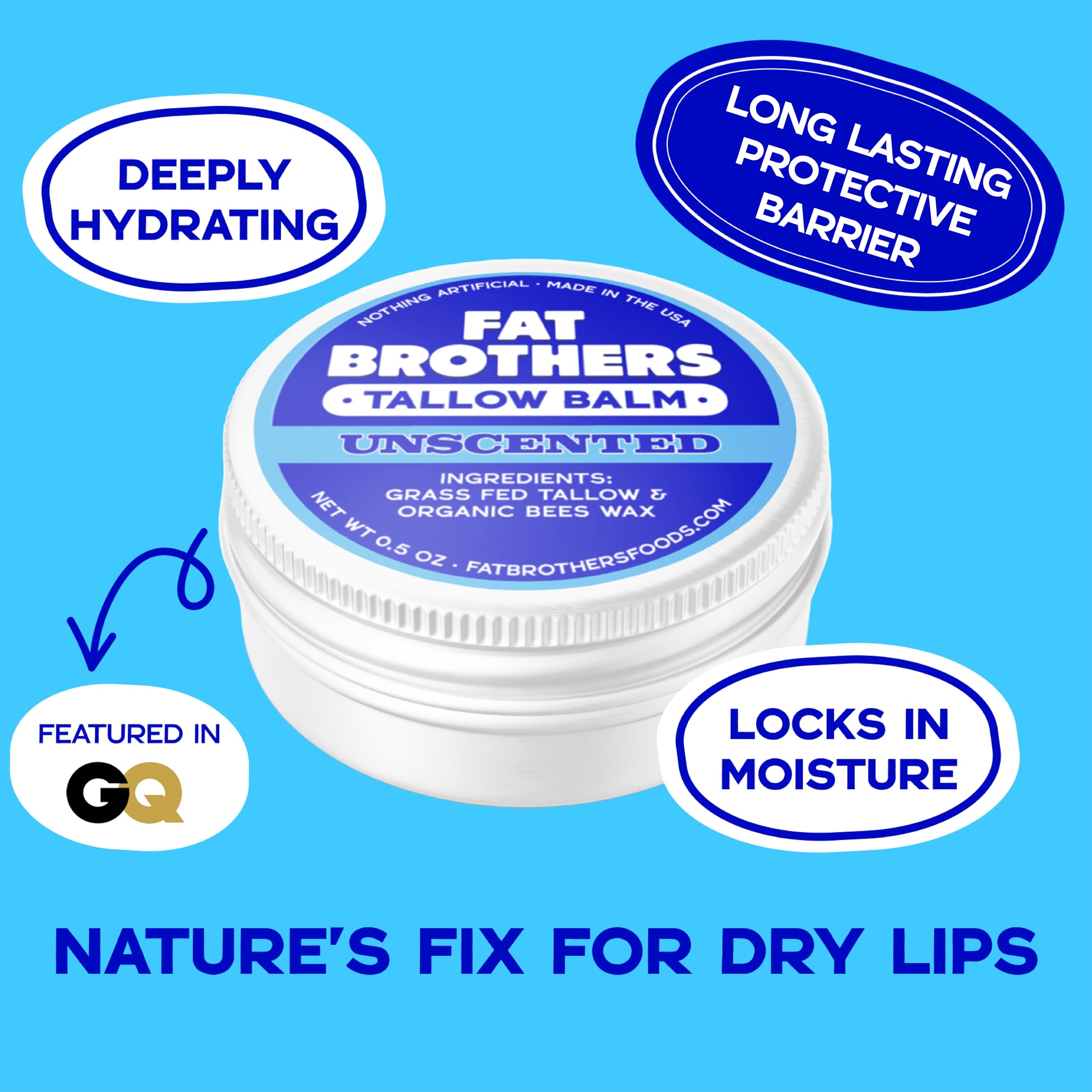 Fat Brothers Tallow Balm unscented tin offers fragrance-free lip protection.