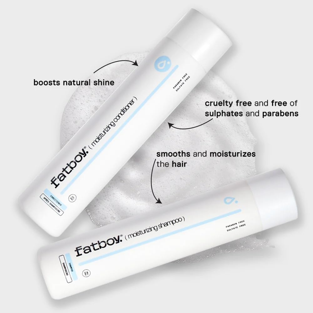 Paraben-free, color-safe Fatboy Moisturizing Shampoo on display in a clean setup.