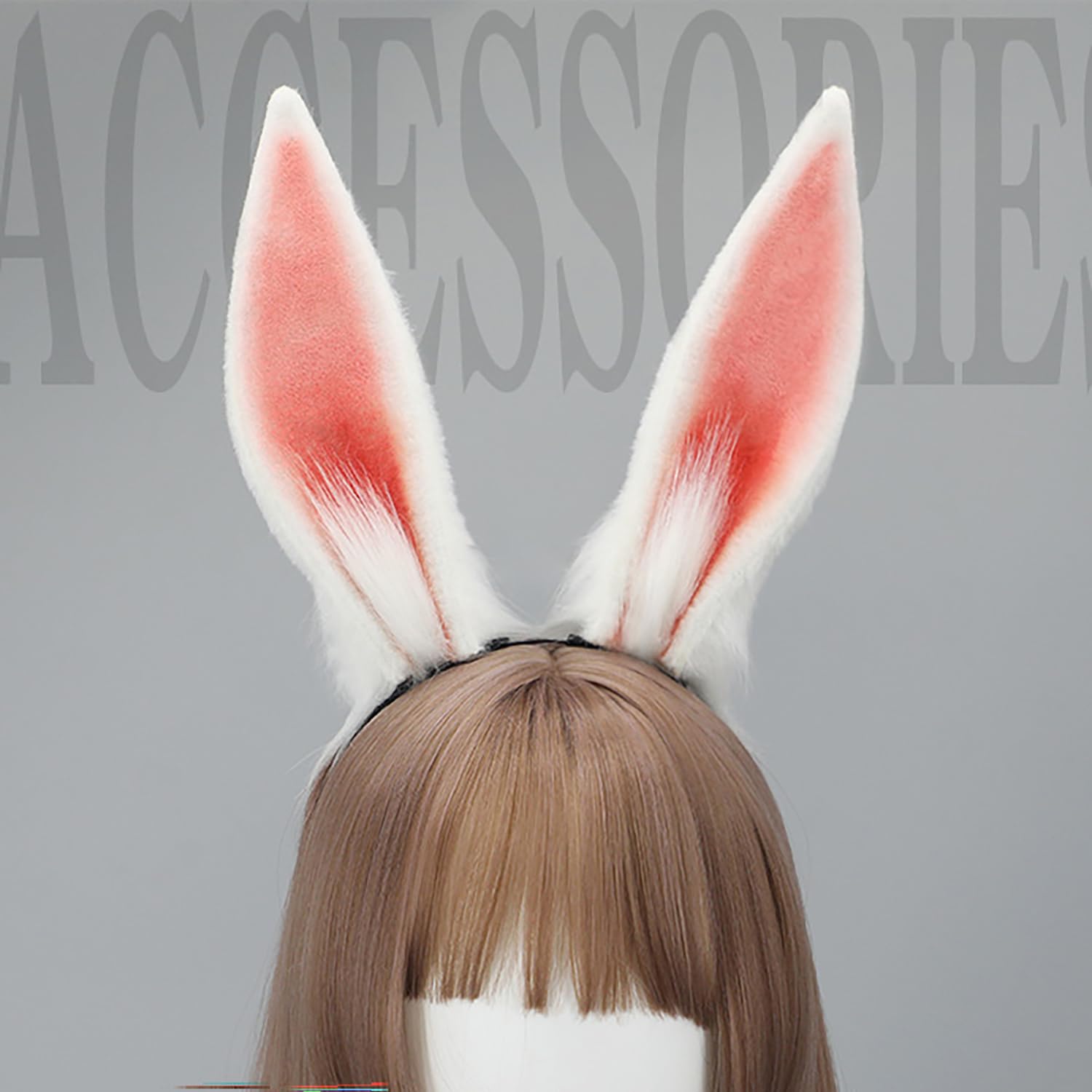 Faylay rabbit ears headband worn for cosplay, showing realistic design.
