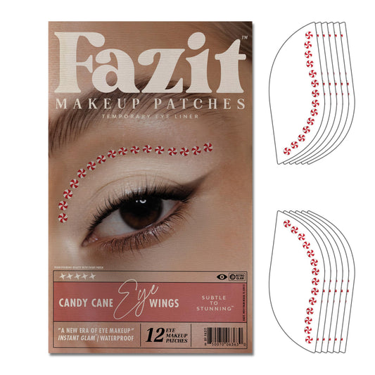 Fazit candy cane eye wing patches applied for precise festive eyeliner enhancement.