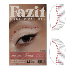 Fazit candy cane eye wing patches applied for precise festive eyeliner enhancement.