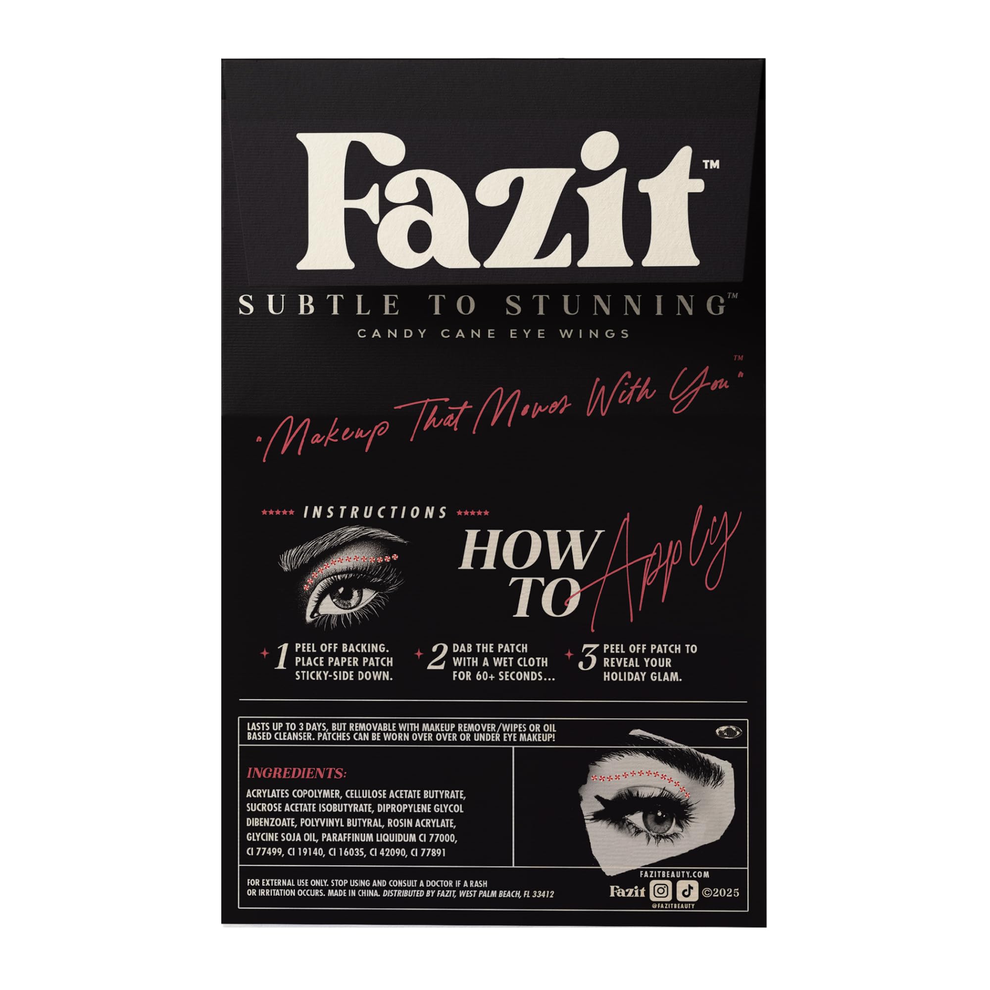 Fazit candy cane eye wing patches are waterproof for long-lasting sparkle.