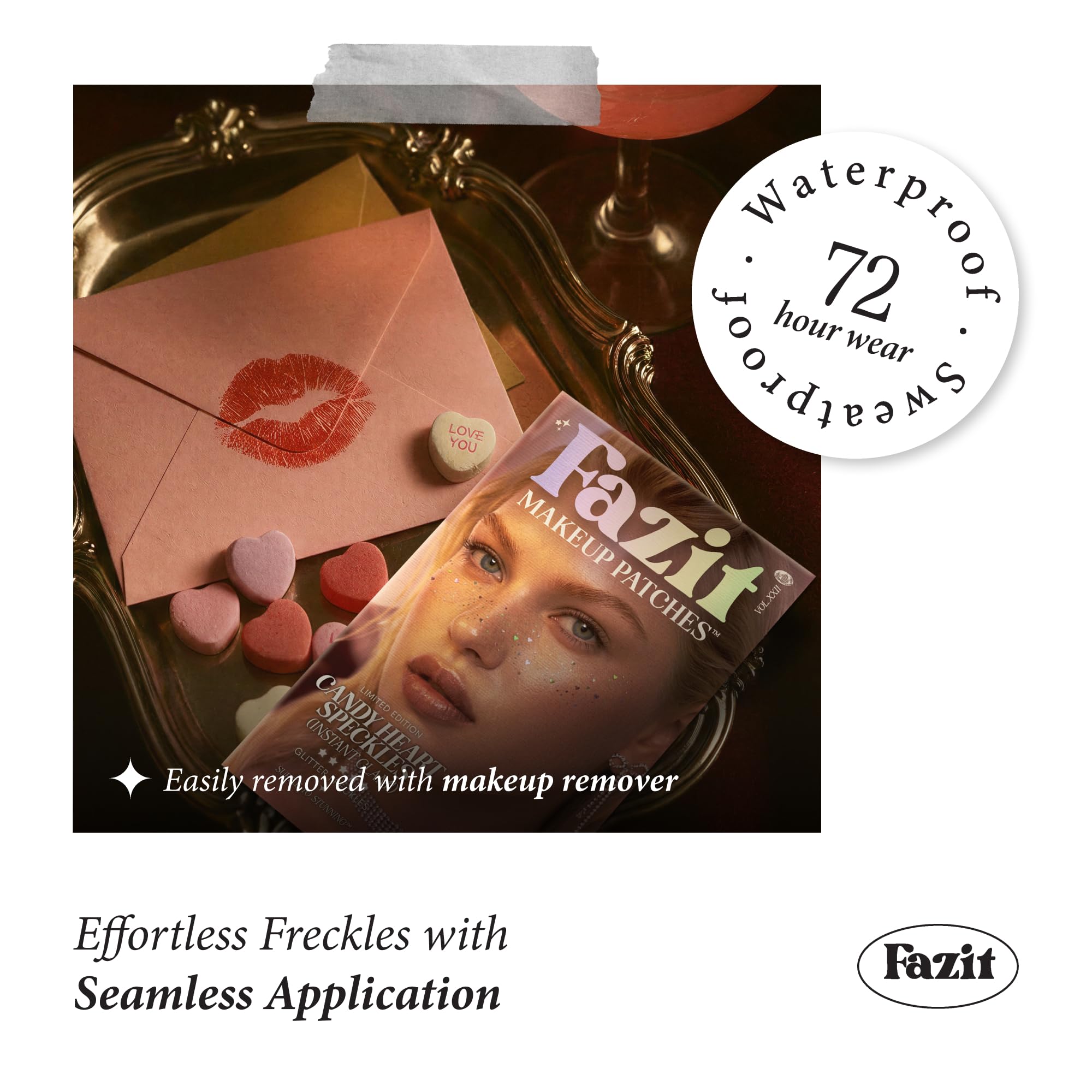 Fazit candy heart speckles for party look enhances festive styling.