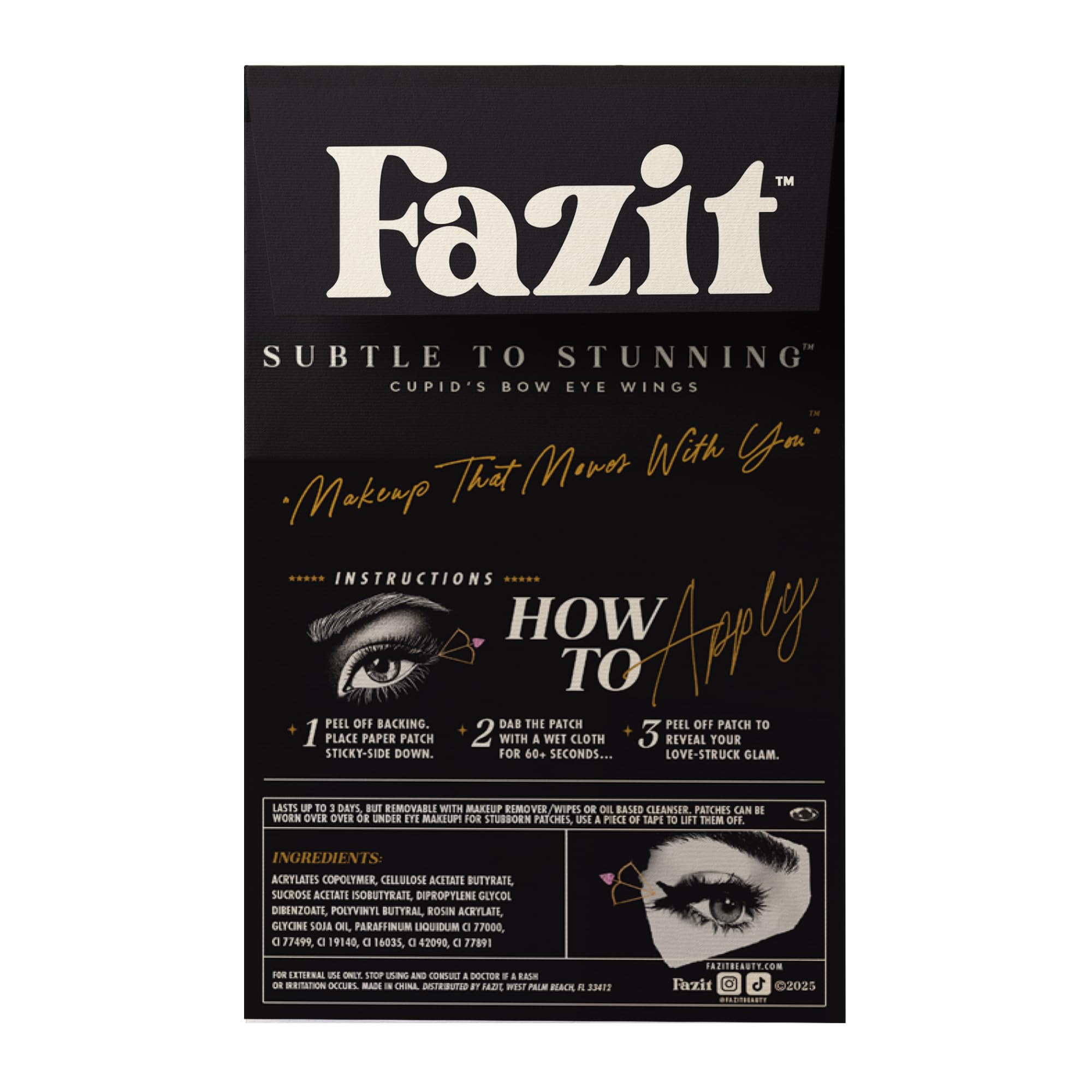 Fazit Cupid Bow Eye Wings patches during application for precise shimmer.