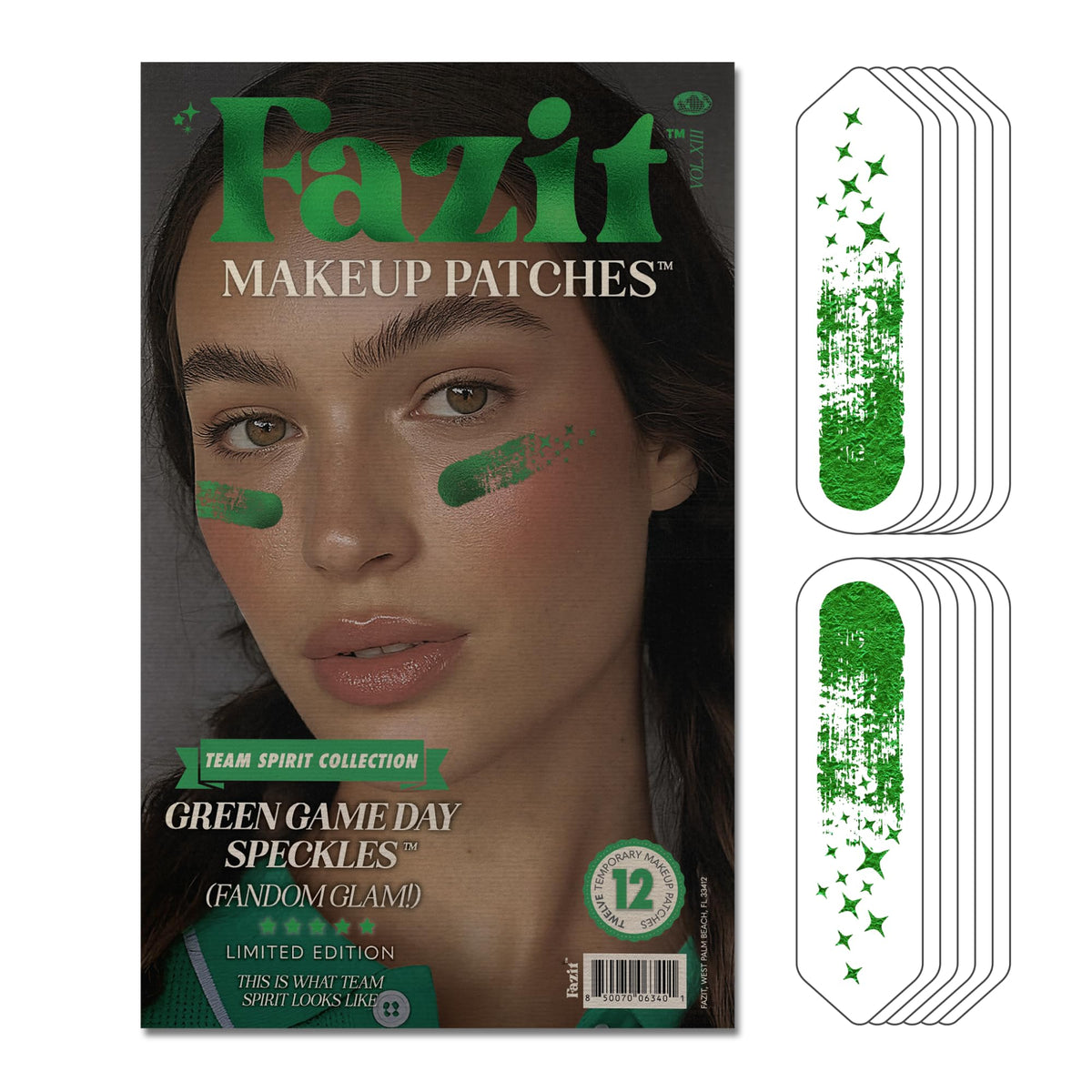Fazit green game day speckles patch on face close-up shimmering look
