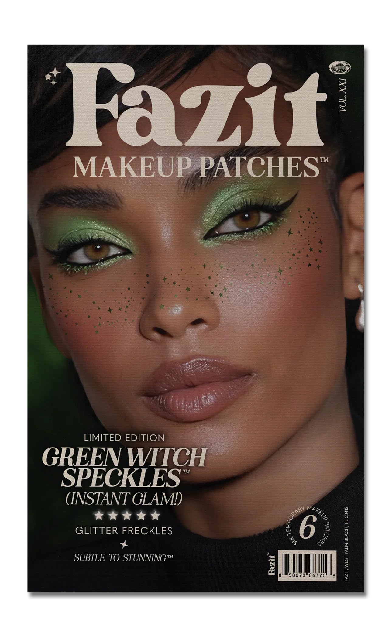 Fazit Green Witch Speckles patches for radiant festival-ready makeup and glittery face accents.