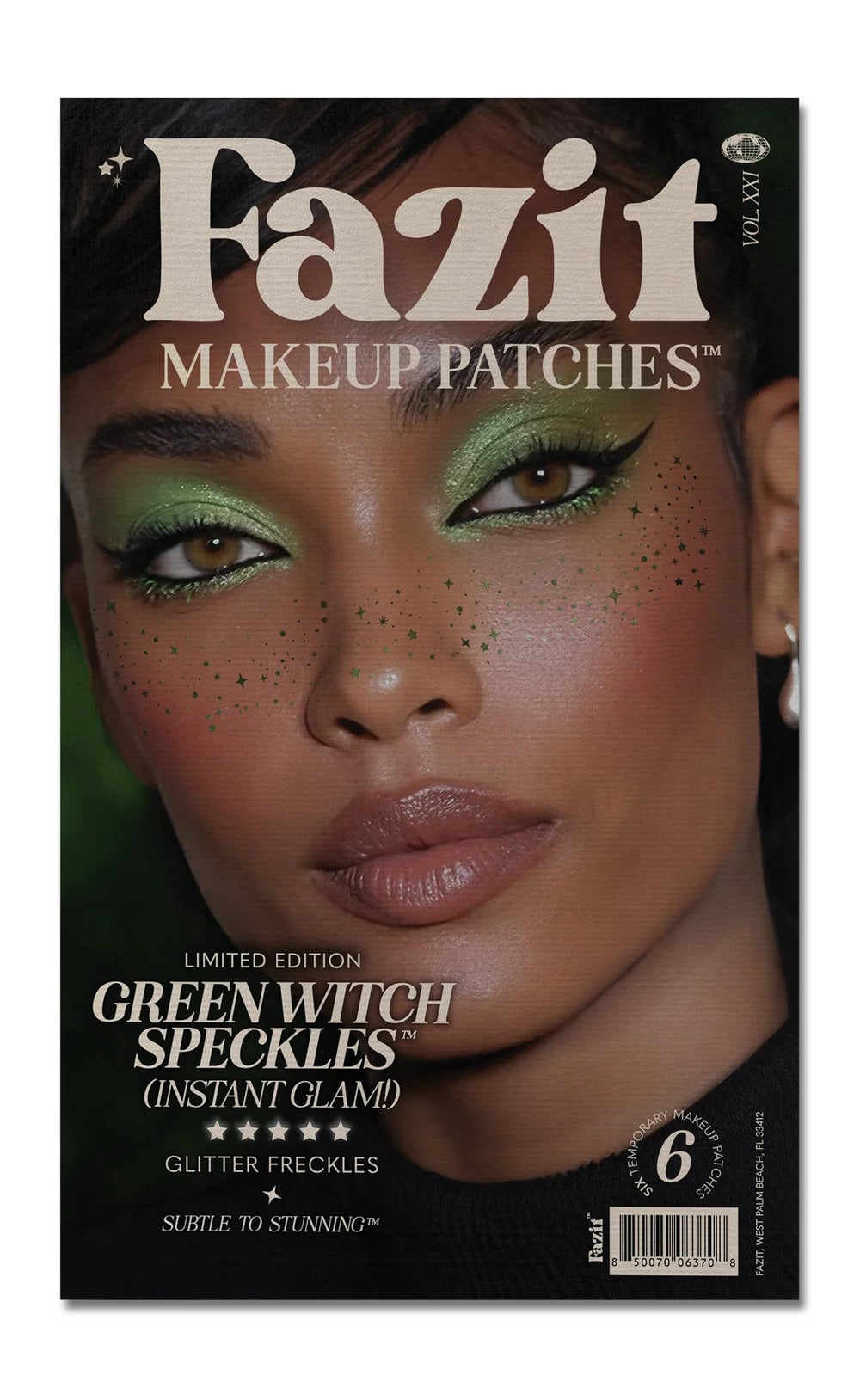 Fazit Green Witch Speckles patches for radiant festival-ready makeup and glittery face accents.