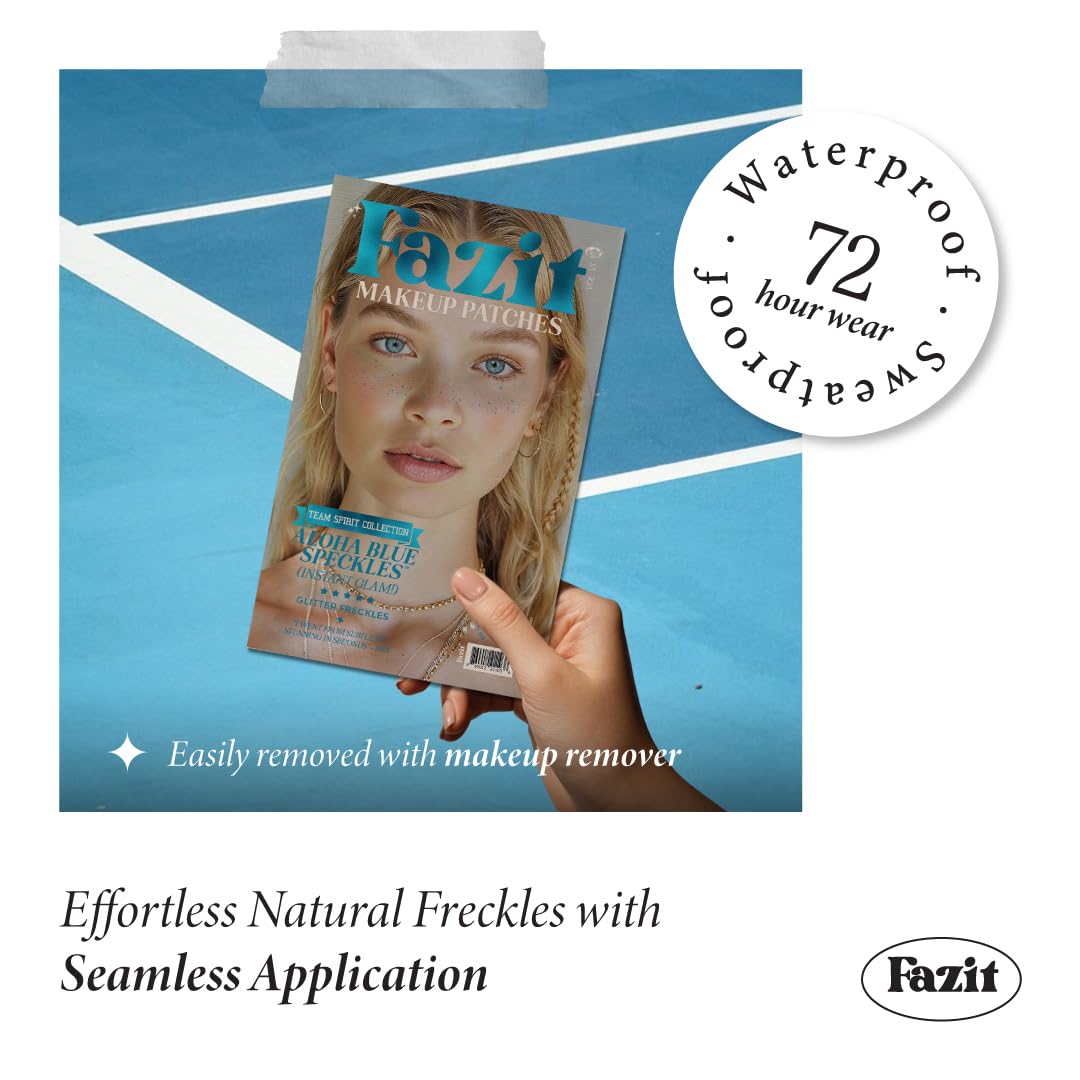 Fazit Aloha Blue Speckles brow patch creates a dramatic accent.