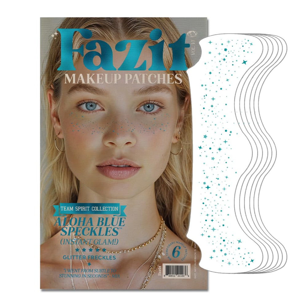 Fazit Aloha Blue Speckles face patch adds subtle glitter for glow.