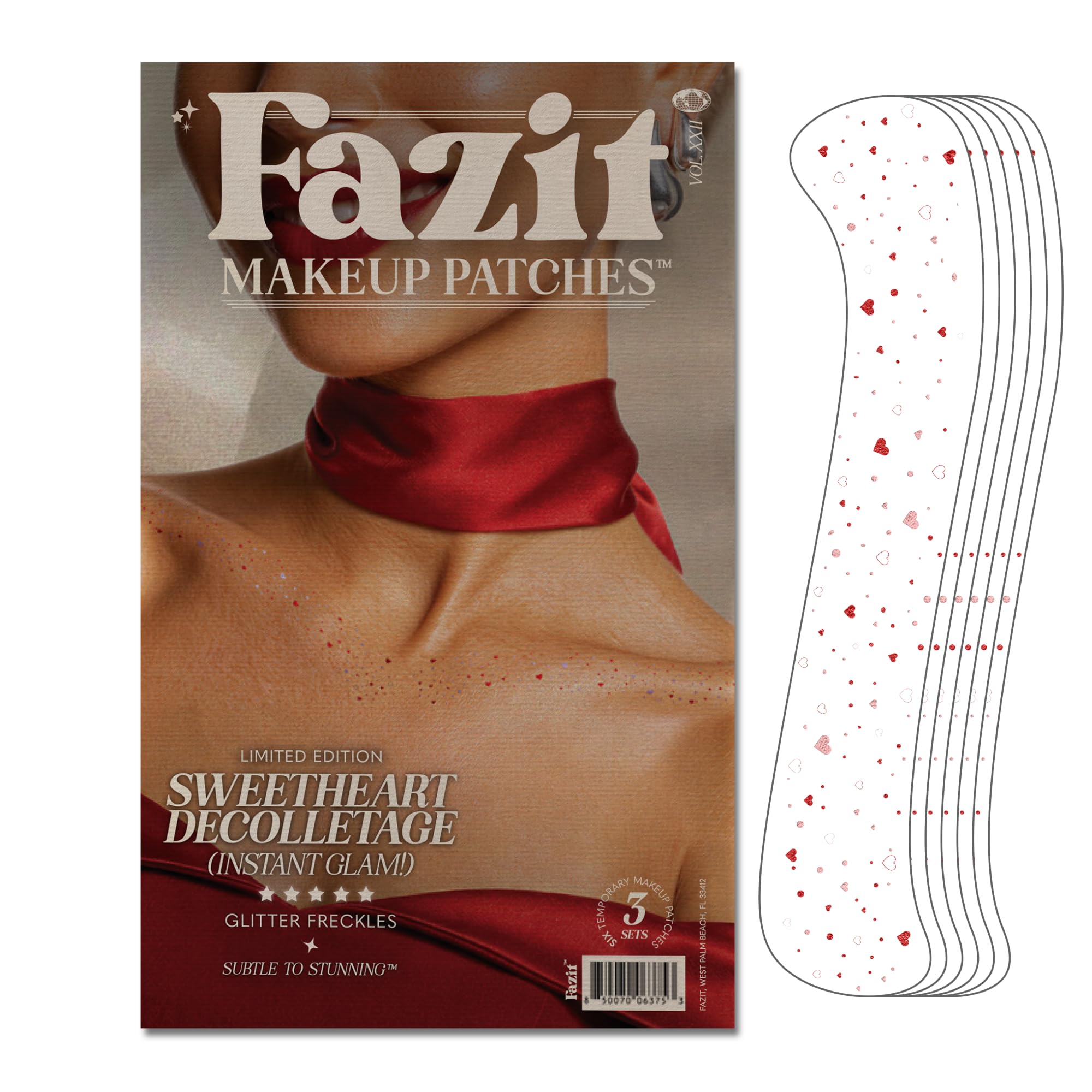 Fazit patches on the decolletage, closeup for a soft shimmering speckle glow.