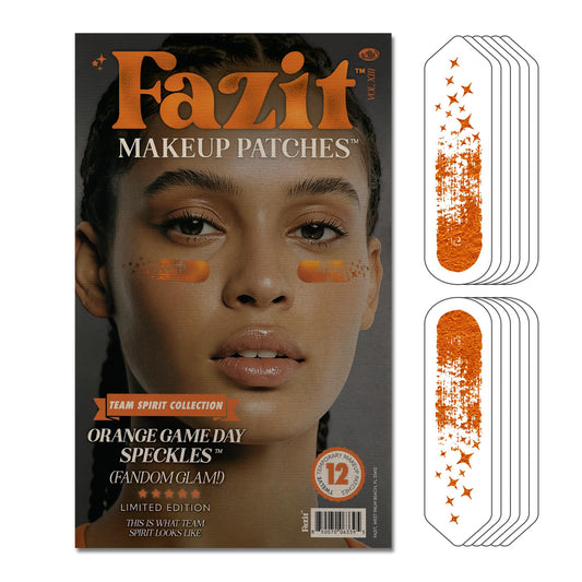 Fazit orange game day patches close-up for glittery festival-ready skin.