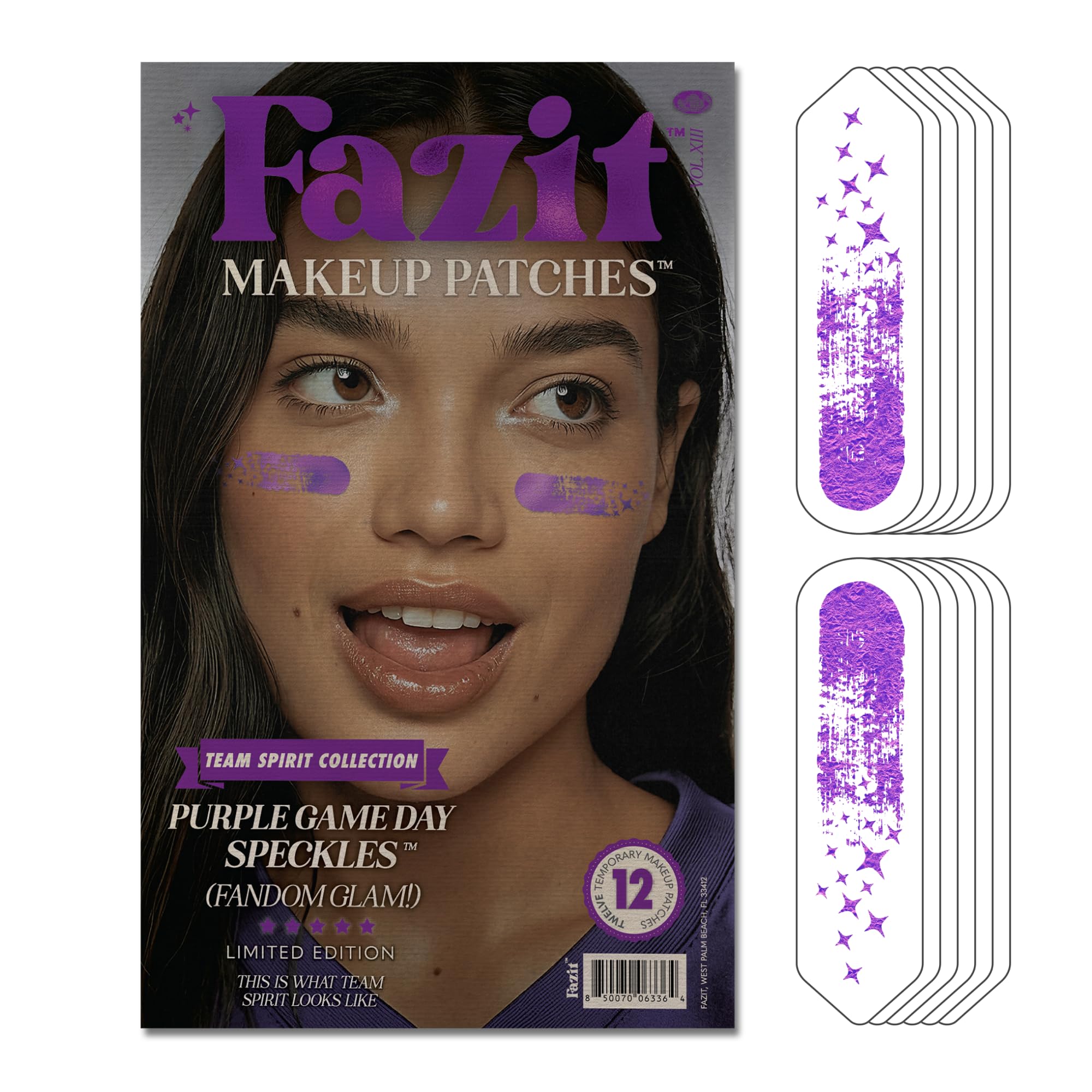 Fazit Purple Game Day Speckles makeup patches add shimmering coverage for all-day wear.