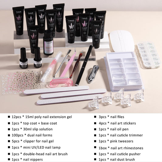 Fcozpjk poly nail gel set in 12 colors offering solid and glitter options for variety.