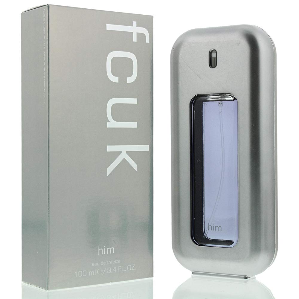 FCUK Him bottle in hand—suggests confident, close-contact allure.