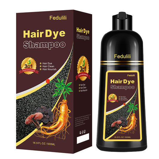 Fedulili instant dark red wine hair dye shampoo bottle showing quick color on gray hair.