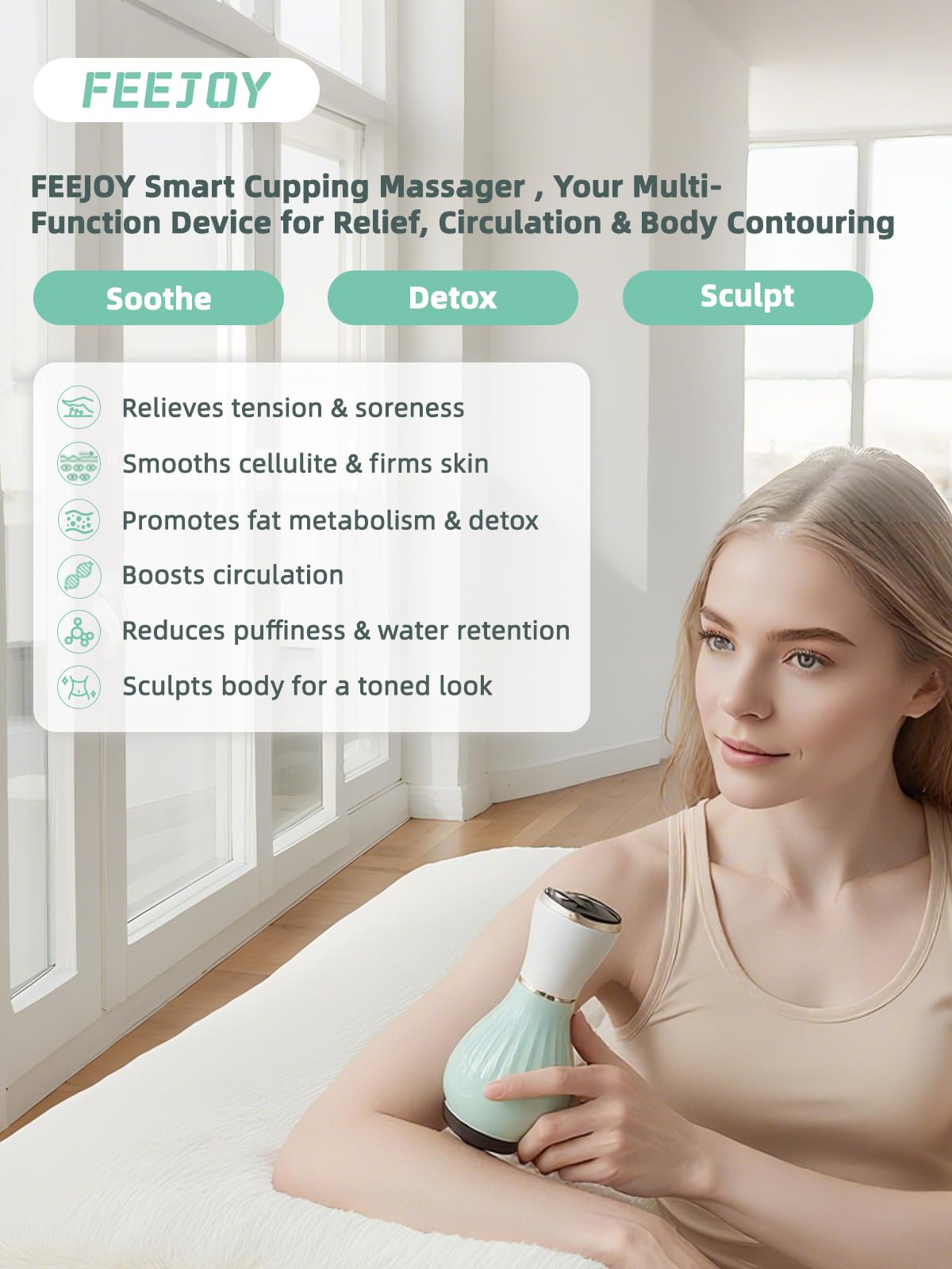 FEEJOY handheld grip image highlights ergonomic handle for stable gliding with lotion during sessions.
