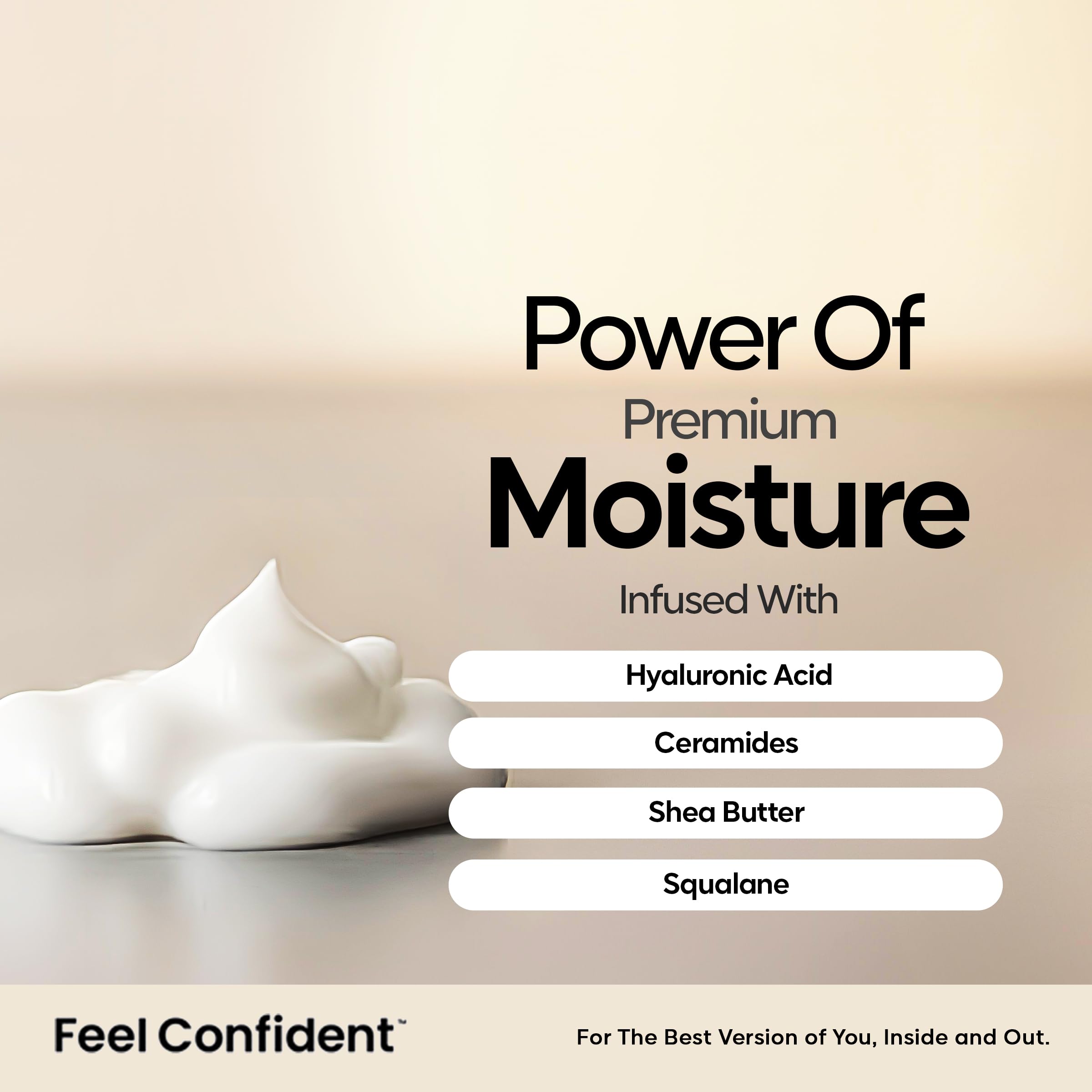 Feel Confident hydrating moisturizer bottle on counter highlights lightweight, non-greasy feel.