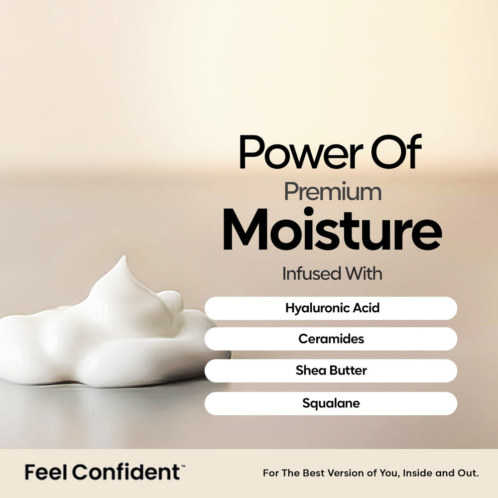 Feel Confident hydrating moisturizer bottle on counter highlights lightweight, non-greasy feel.