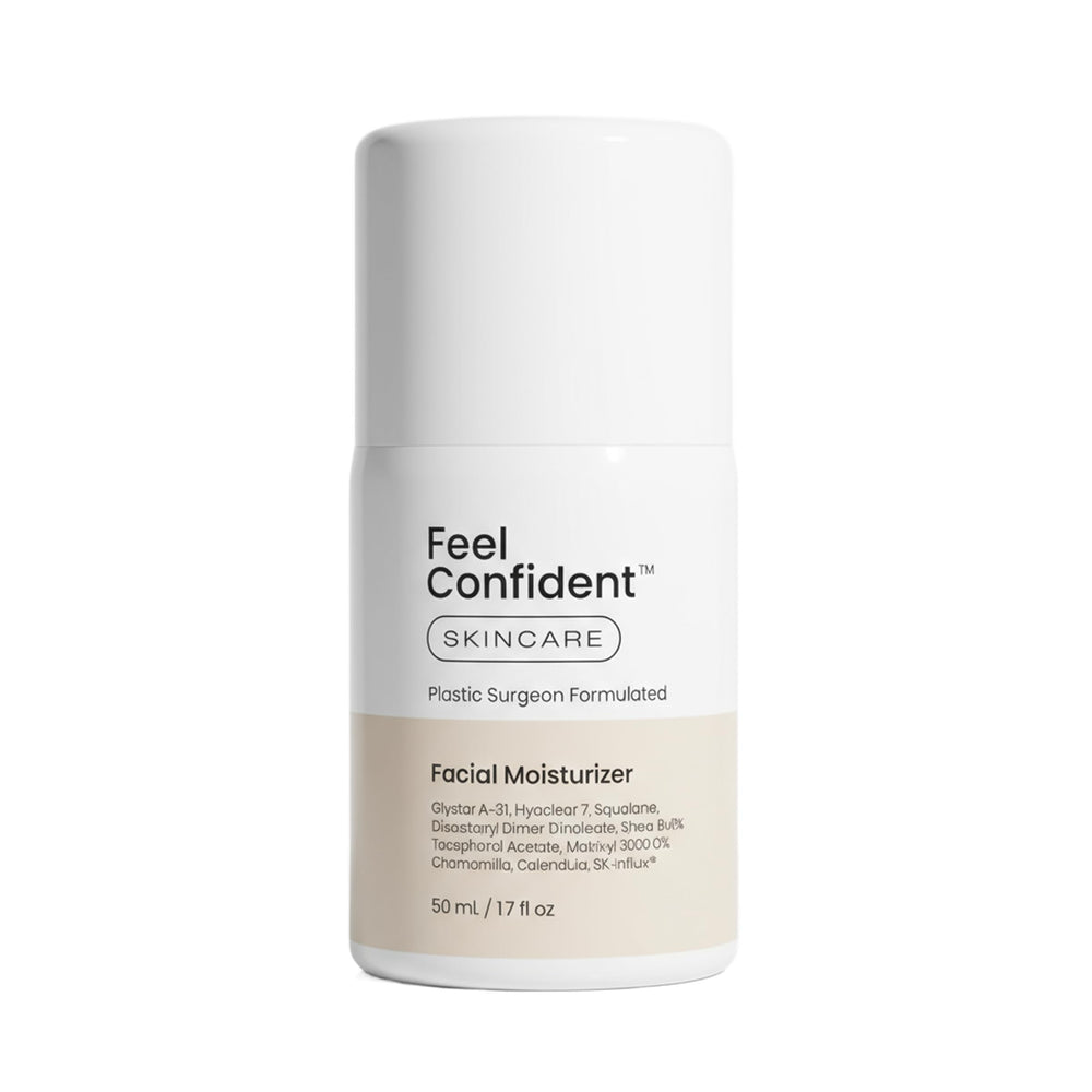 Feel Confident facial moisturizer jar close-up shows creamy hydration for daily use.