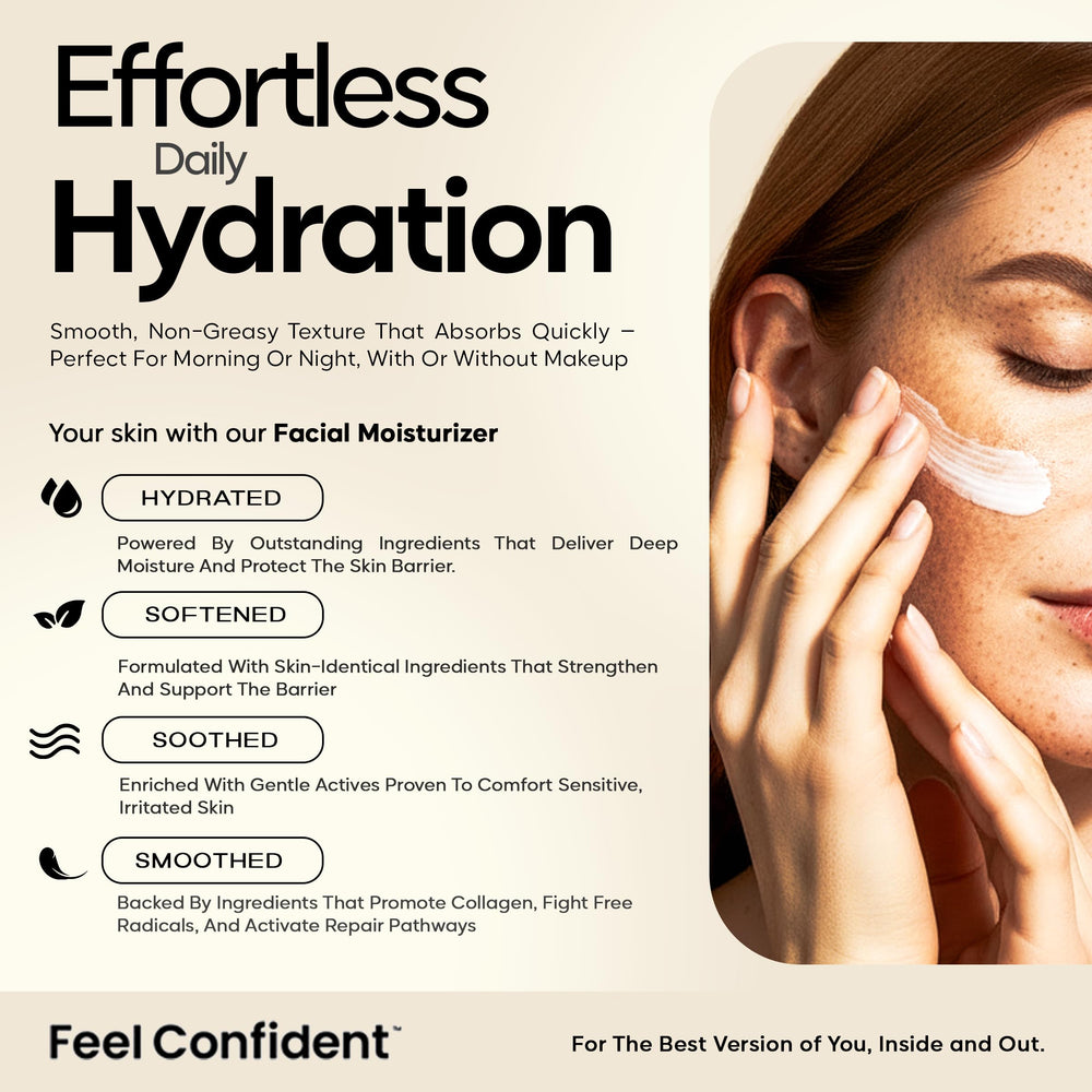 Feel Confident moisturizer texture application demonstrates quick absorption for morning routines.
