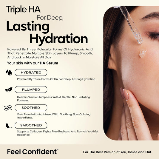 Feel Confident serum dropper releases formula for facial hydration and plumpness.
