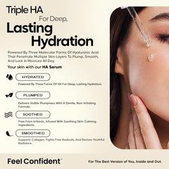 Feel Confident serum dropper releases formula for facial hydration and plumpness.