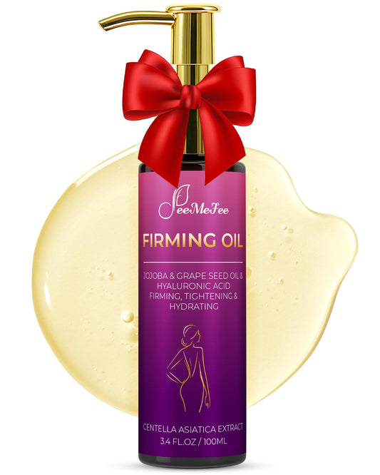 FeeMeFee Body Firming Oil bottle close-up showing premium blend for hydrated skin