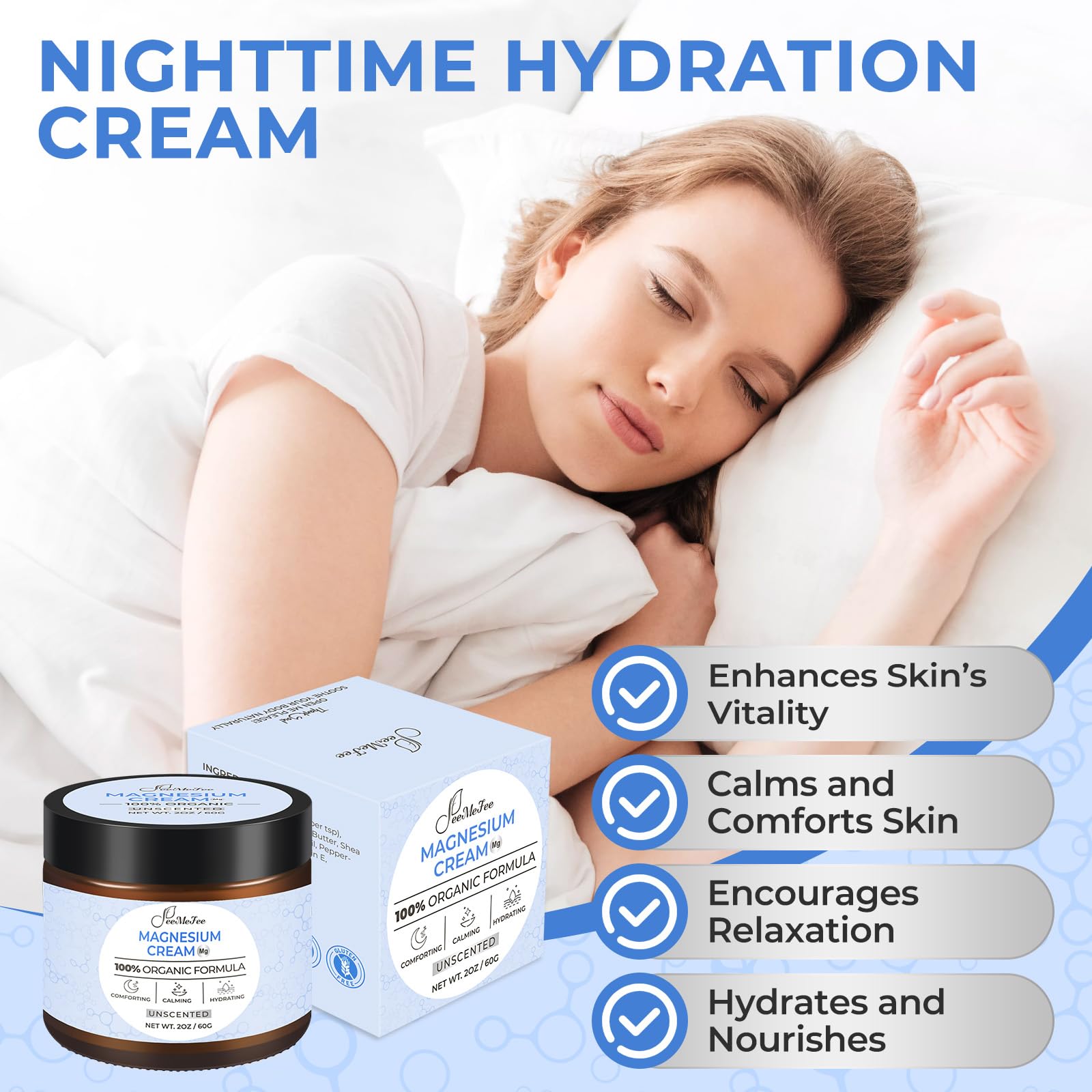 FeeMeFee magnesium lotion highlights coconut oil for deep hydration.