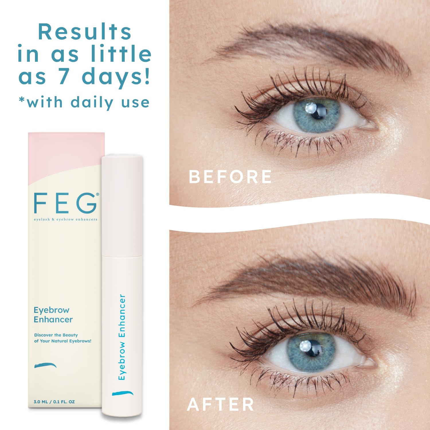 FEG Eyebrow Enhancer Serum application strokes showing root-to-brow coverage.