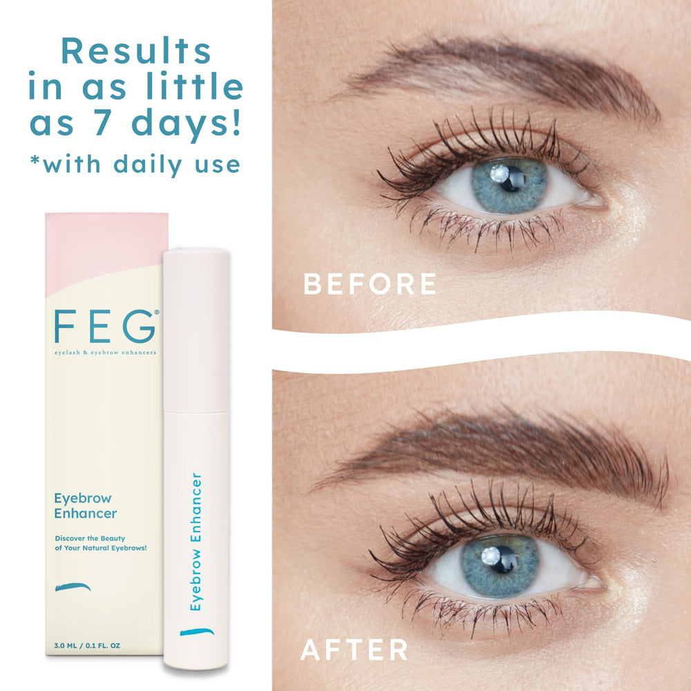 FEG Eyebrow Enhancer Serum application strokes showing root-to-brow coverage.