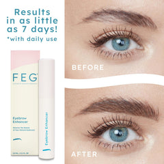 FEG Eyebrow Enhancer Serum application strokes showing root-to-brow coverage.