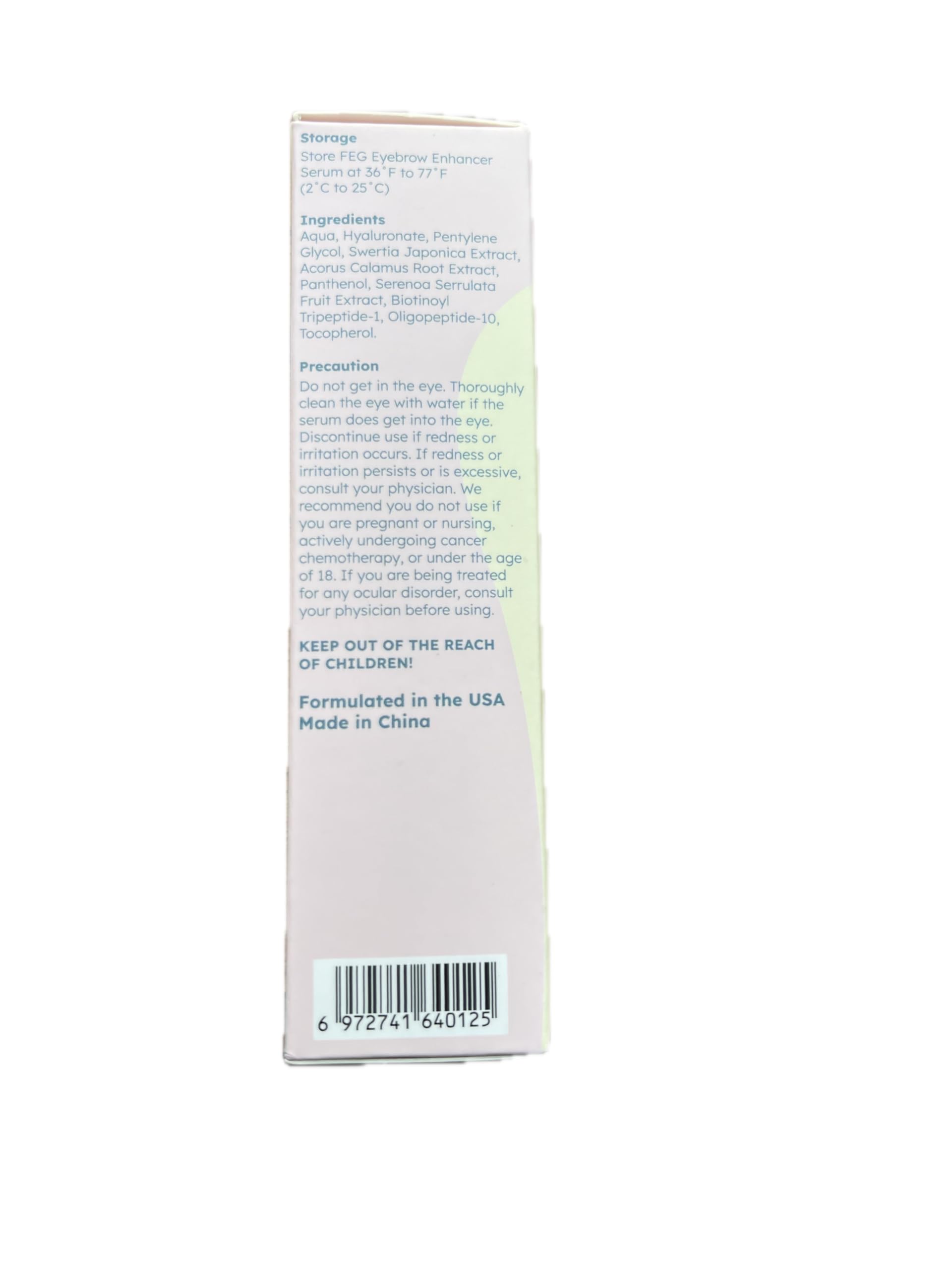 FEG Eyebrow Enhancer Serum natural formula badge highlighting paraben-free design.
