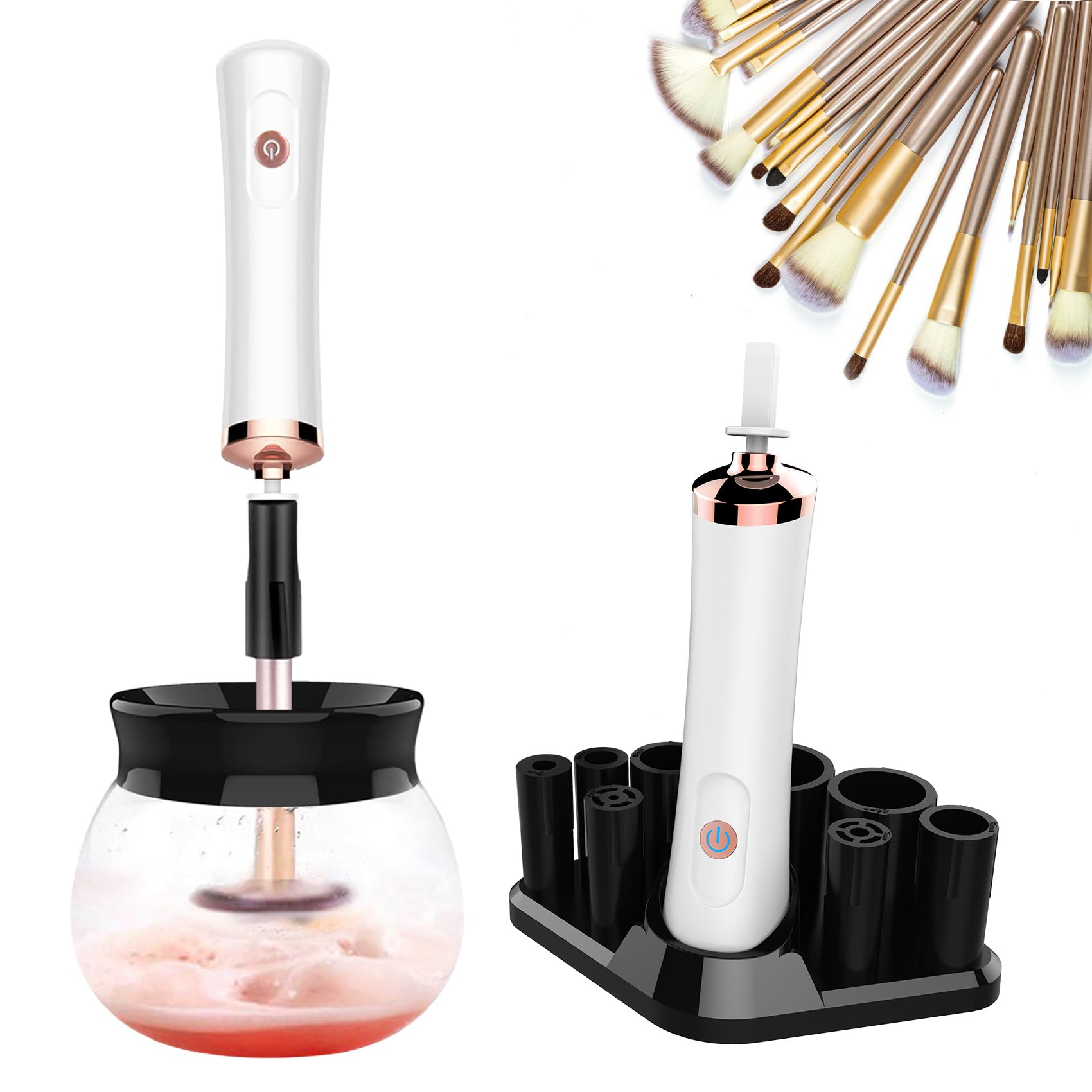 FEIMINI electric makeup brush cleaner in action, fast wash and dry.