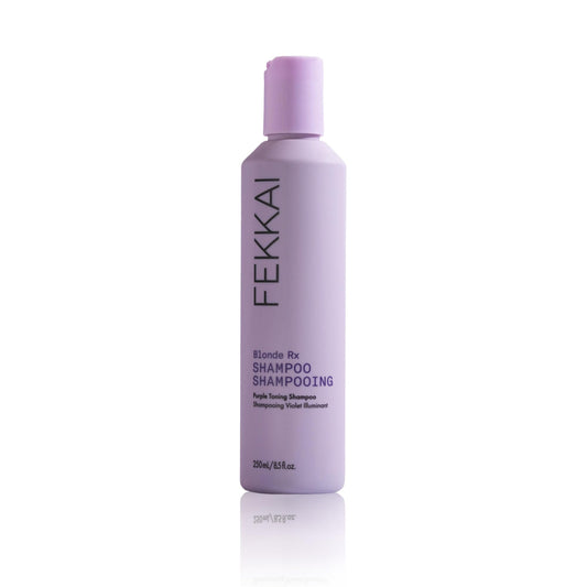 Fekkai Blonde Rx Purple Shampoo bottle with violet pigments neutralizing brass.