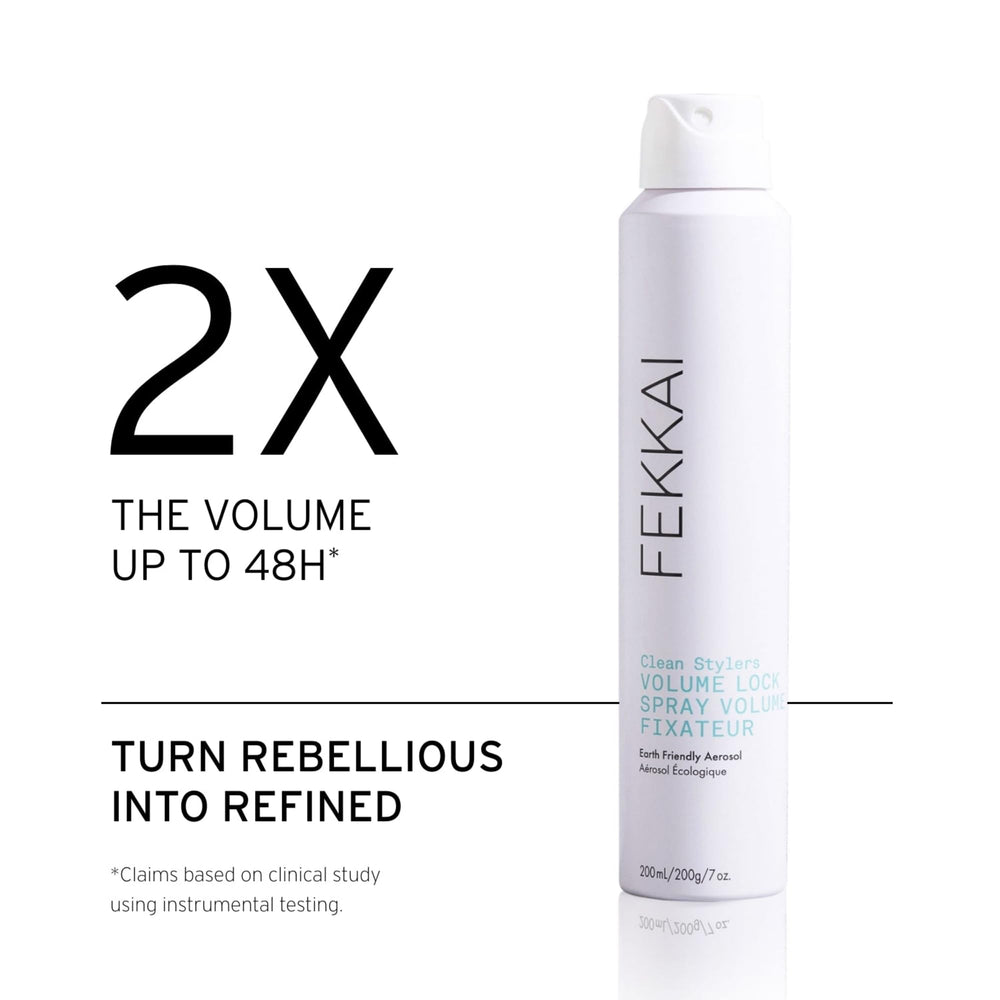 FEKKAI Clean Stylers Volumizing Hairspray spray action provides 2X volume for fuller styling.