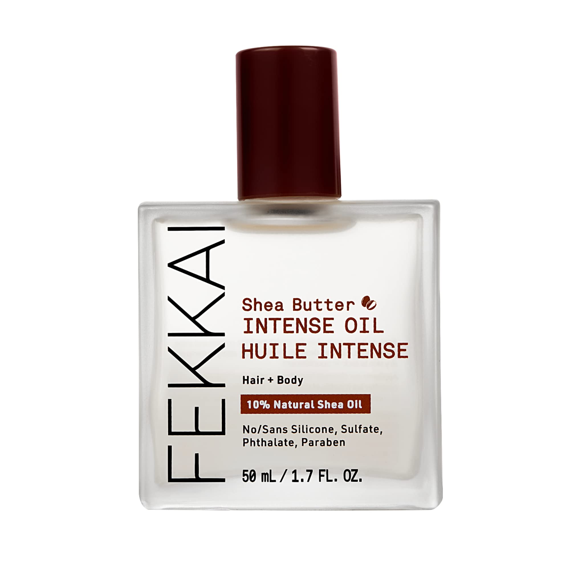 Fekkai Shea Butter Intense Oil bottle closeup for smooth hair and skin.