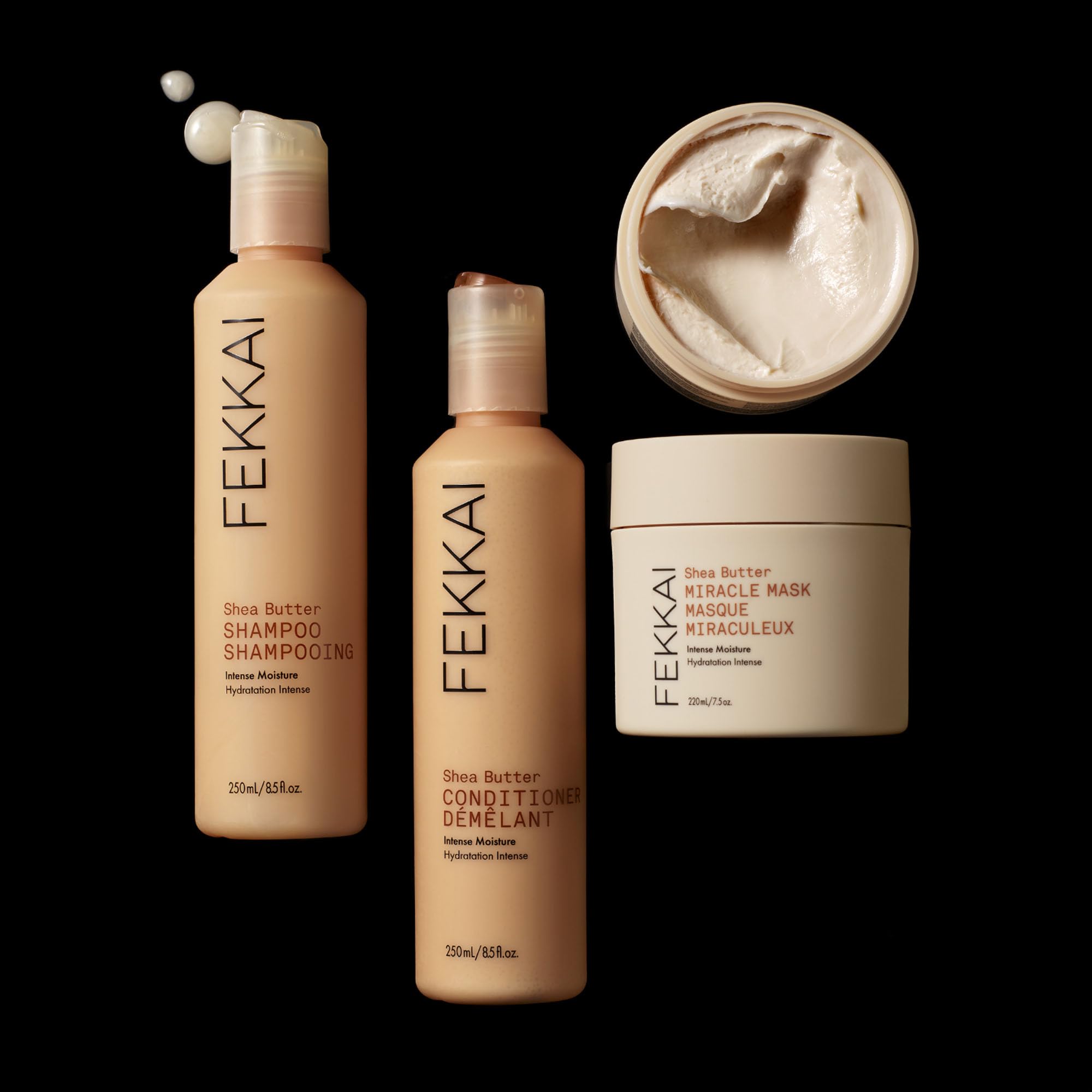 FEKKAI Shea Butter Shampoo bottle on bathroom shelf with clean vegan formula